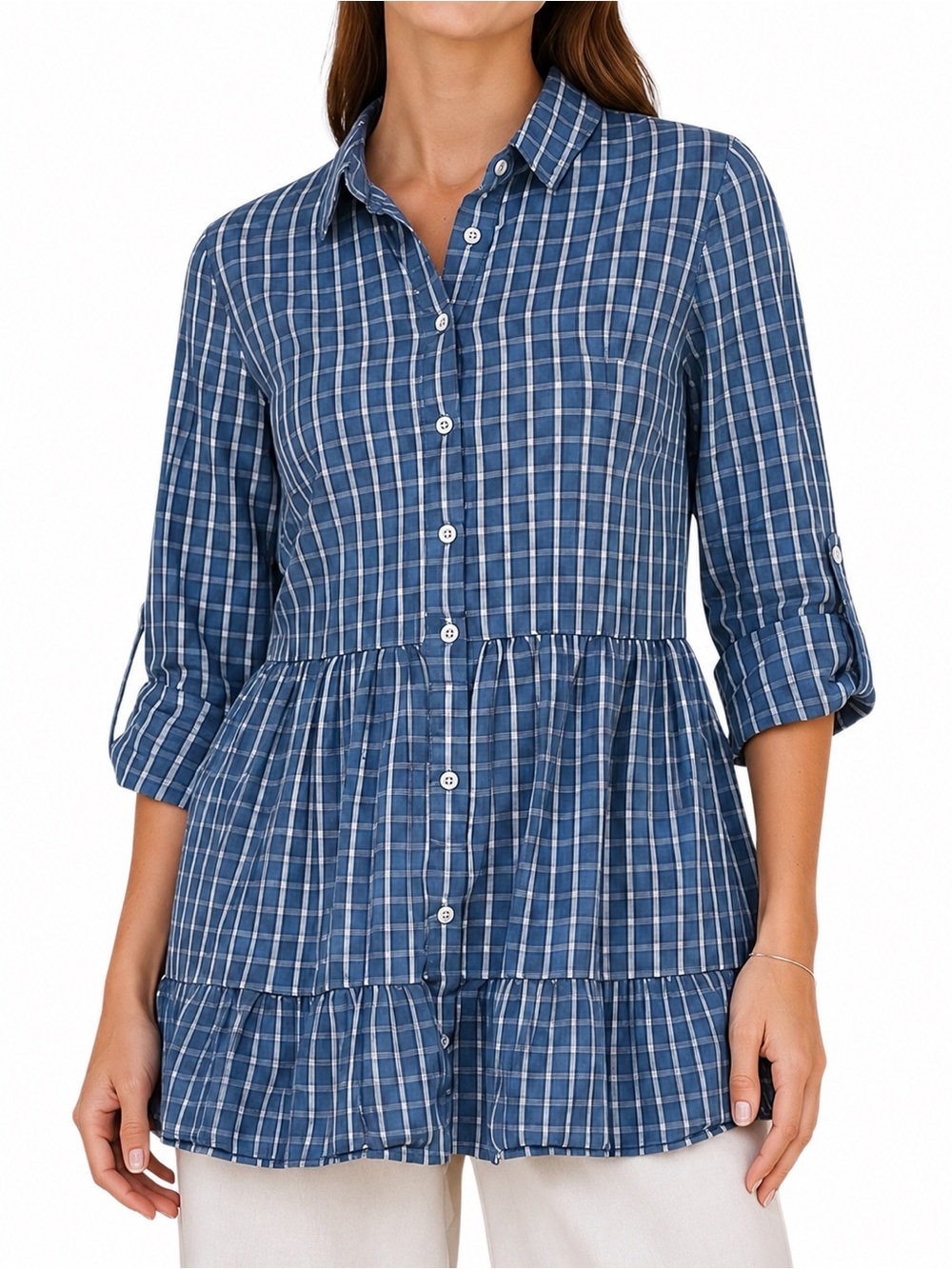 VERONICA BEARD Blue Plaid Tiered Button Front Tunic XS